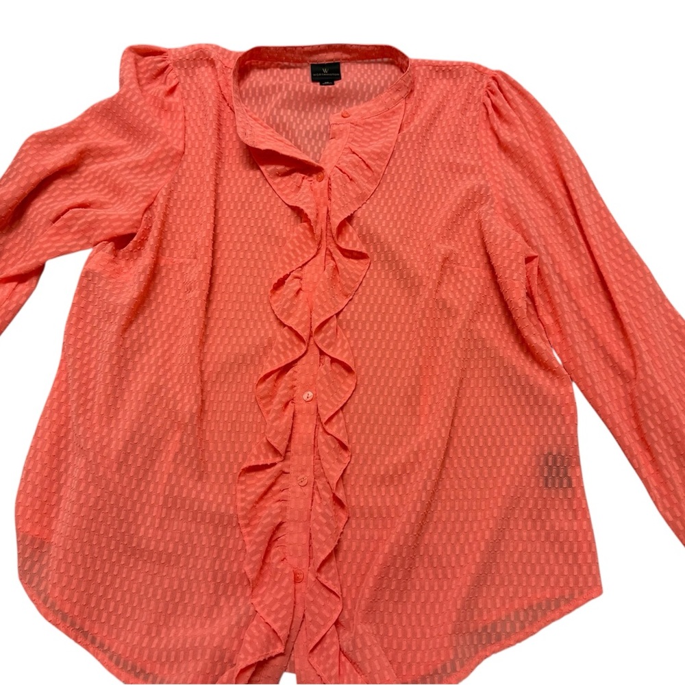 Worthington Coral Ruffle Front Button Blouse Long Sleeve XL
